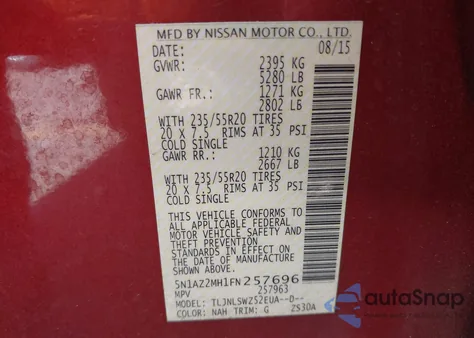 2015 Nissan Murano Platinum из США, поврежденный, VIN 5N1AZ2MH1FN257696